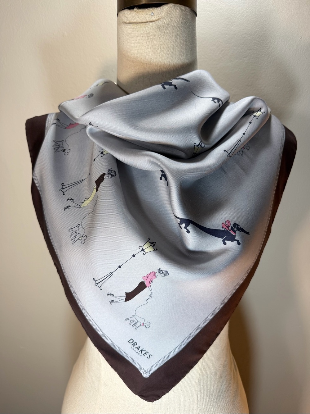 Drakes Grey Silk Scarf with Brown Border and Multicolor Walk Motif
